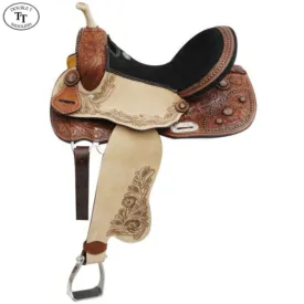 14-16" DOUBLE T BARREL STYLE SADDLE WITH COPPER COLORED STARBURST CONCHOS