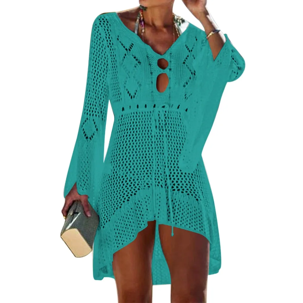 2020 Sexy Crochet Knitted Beach Cover up Tassel Tie Beachwear Tunic Long Pareos Summer Swimsuit See-through Beach Dress Bikini