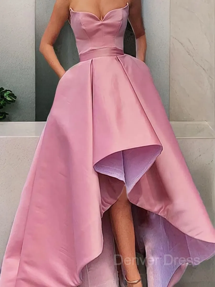 A-Line Strapless Asymmetrical Satin Prom Dresses With Pockets