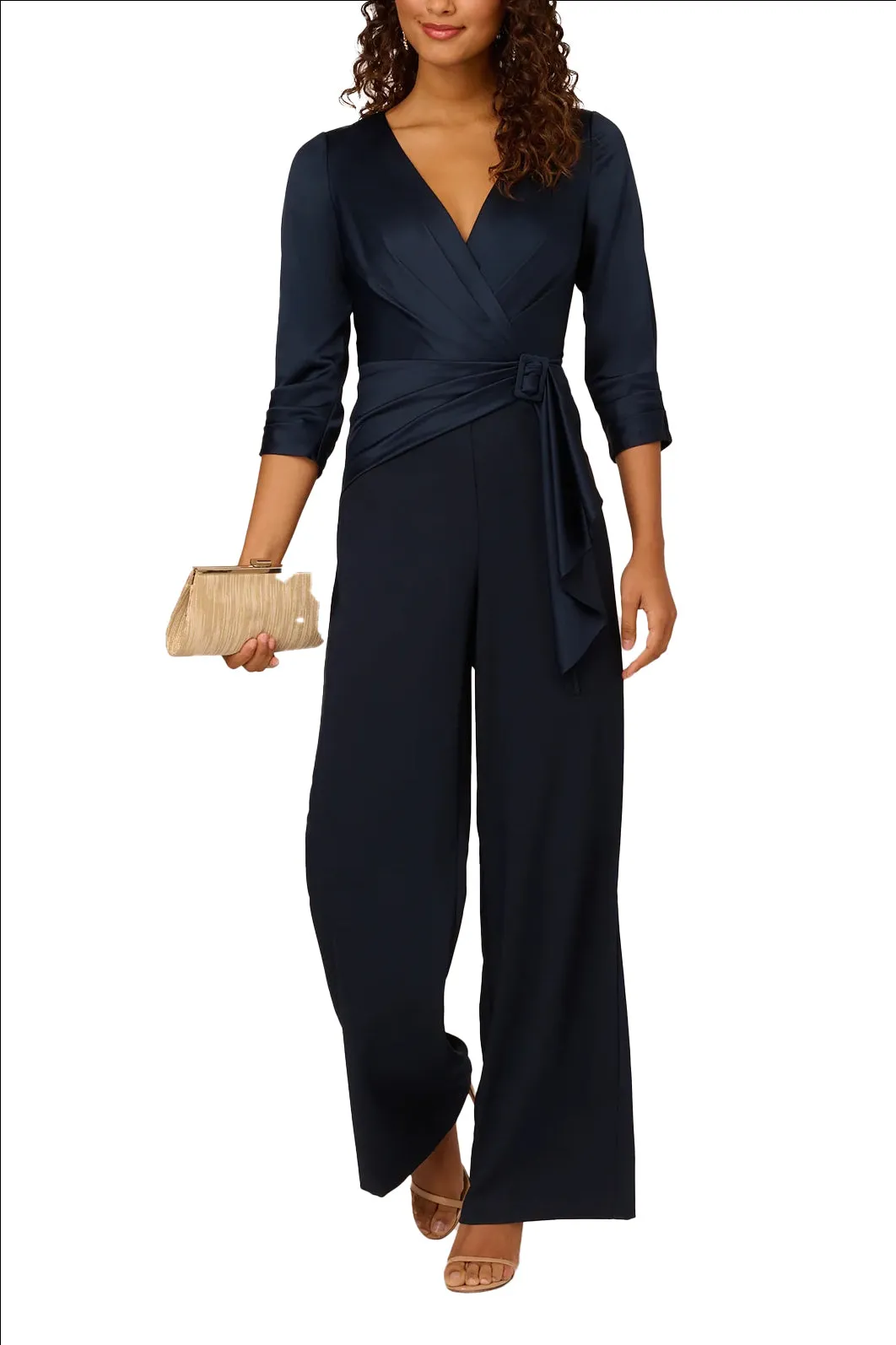 Adrianna Papell Belted Wide Leg Satin Crepe Jumpsuit