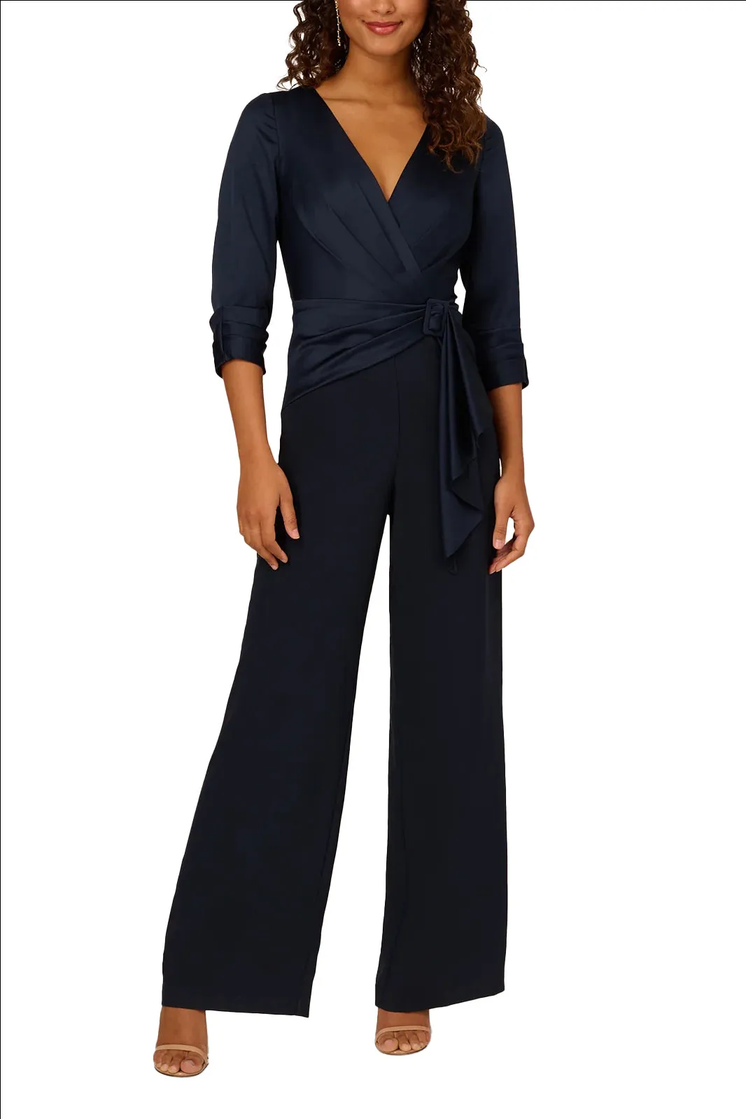 Adrianna Papell Belted Wide Leg Satin Crepe Jumpsuit