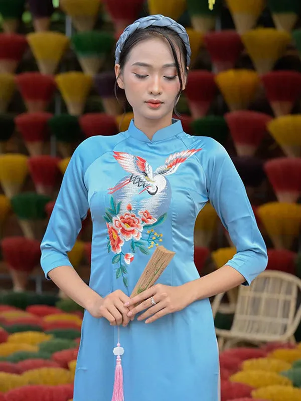 Ao Dai Dress Blue Embroidery Moon Includes One Ao Dai Top And Pants