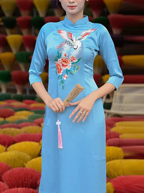 Ao Dai Dress Blue Embroidery Moon Includes One Ao Dai Top And Pants