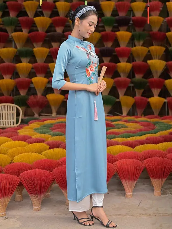 Ao Dai Dress Blue Embroidery Moon Includes One Ao Dai Top And Pants