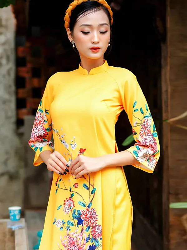 Ao Dai Dress Yellow Printed Scenery Includes One Ao Dai Top And Pants