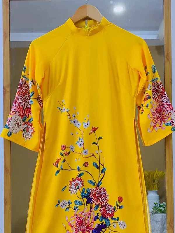 Ao Dai Dress Yellow Printed Scenery Includes One Ao Dai Top And Pants