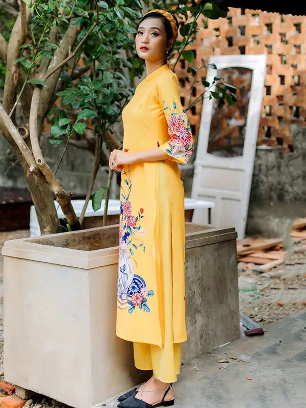 Ao Dai Dress Yellow Printed Scenery Includes One Ao Dai Top And Pants