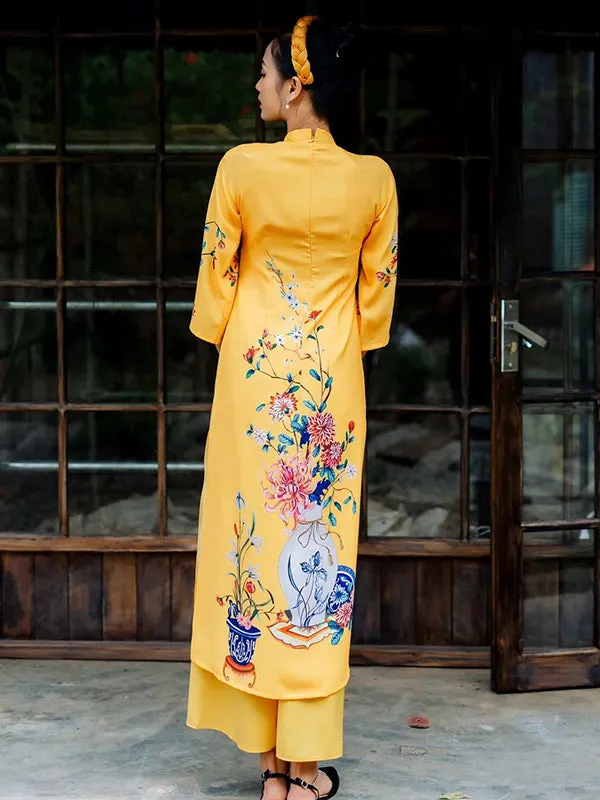 Ao Dai Dress Yellow Printed Scenery Includes One Ao Dai Top And Pants