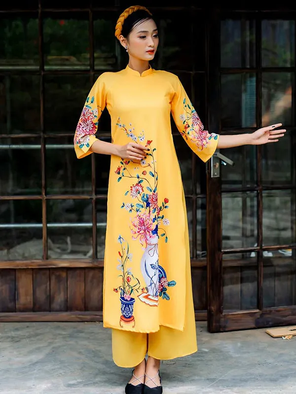 Ao Dai Dress Yellow Printed Scenery Includes One Ao Dai Top And Pants