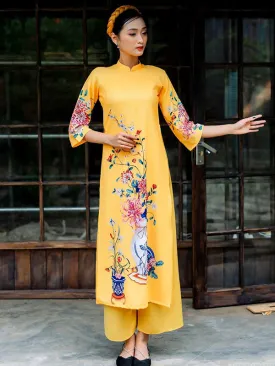 Ao Dai Dress Yellow Printed Scenery Includes One Ao Dai Top And Pants