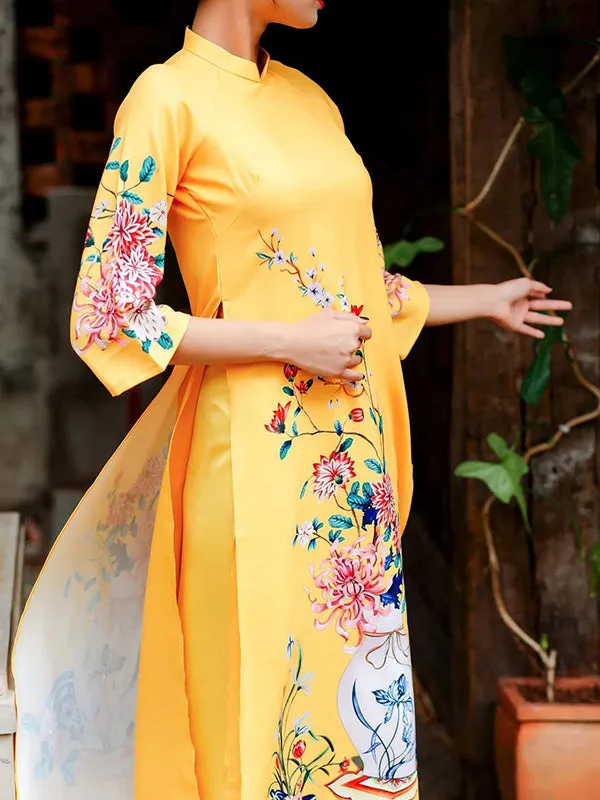 Ao Dai Dress Yellow Printed Scenery Includes One Ao Dai Top And Pants