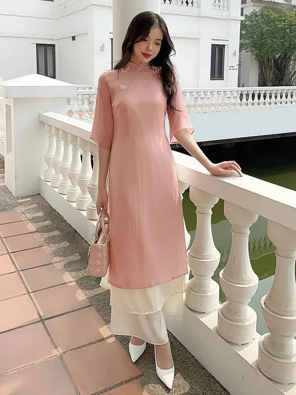 Ao Dai Vietnam 3D Butterflies Includes One Ao Dai Top And Pants