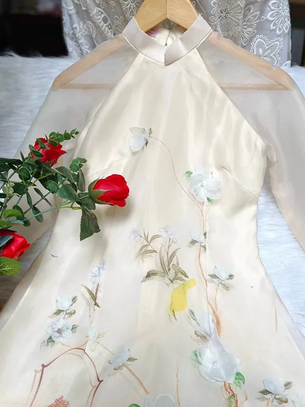 Ao Dai Vietnam Beige 3D Floral Branches Includes One Ao Dai Top And Pants