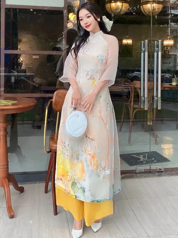 Ao Dai Vietnam Beige 3D Floral Branches Includes One Ao Dai Top And Pants