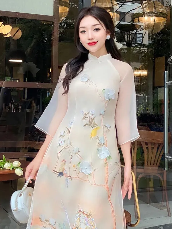 Ao Dai Vietnam Beige 3D Floral Branches Includes One Ao Dai Top And Pants