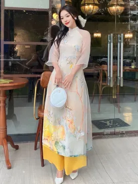 Ao Dai Vietnam Beige 3D Floral Branches Includes One Ao Dai Top And Pants