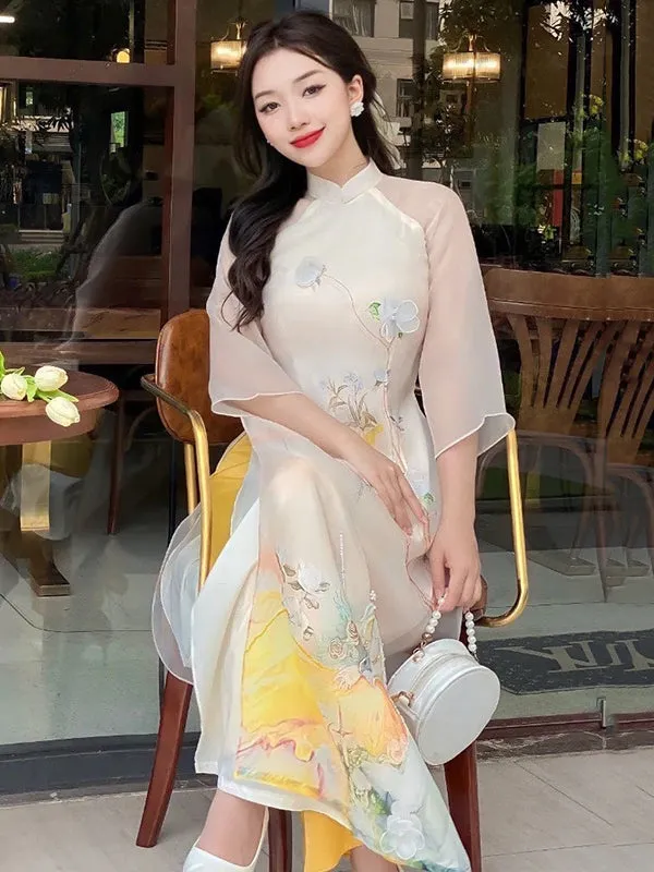 Ao Dai Vietnam Beige 3D Floral Branches Includes One Ao Dai Top And Pants