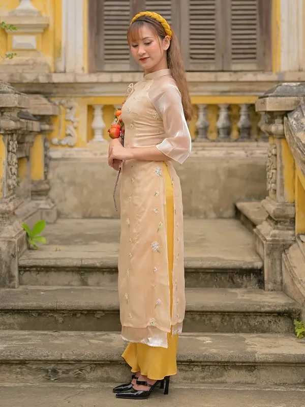 Ao Dai Vietnam Beige Sparkle Mini Daisy Ao Dai Top And Pants