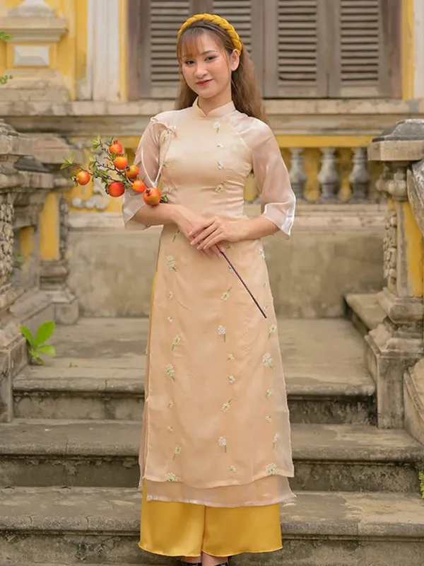 Ao Dai Vietnam Beige Sparkle Mini Daisy Ao Dai Top And Pants