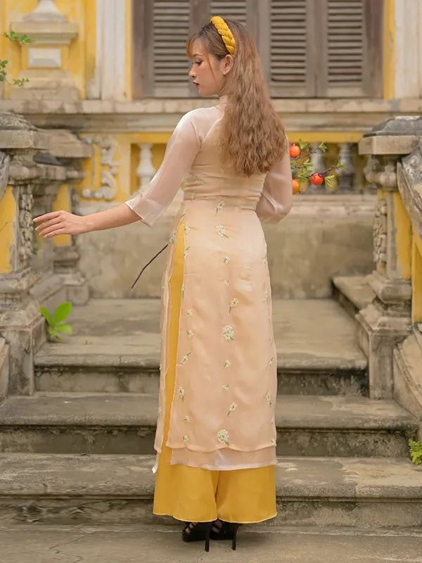 Ao Dai Vietnam Beige Sparkle Mini Daisy Ao Dai Top And Pants