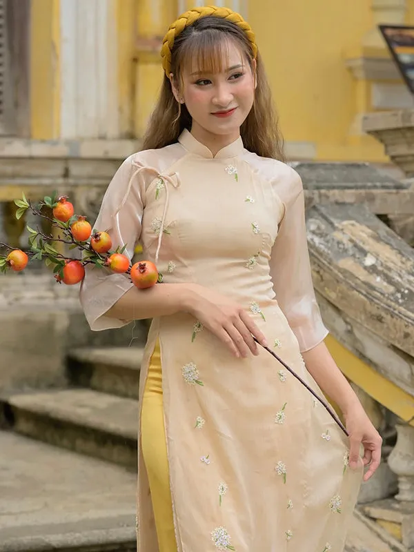 Ao Dai Vietnam Beige Sparkle Mini Daisy Ao Dai Top And Pants