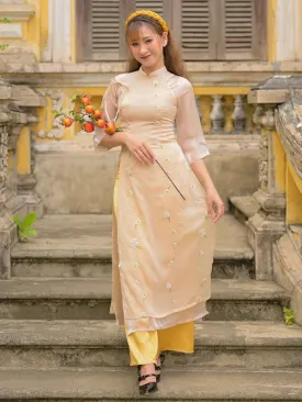 Ao Dai Vietnam Beige Sparkle Mini Daisy Ao Dai Top And Pants