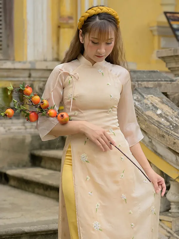 Ao Dai Vietnam Beige Sparkle Mini Daisy Ao Dai Top And Pants