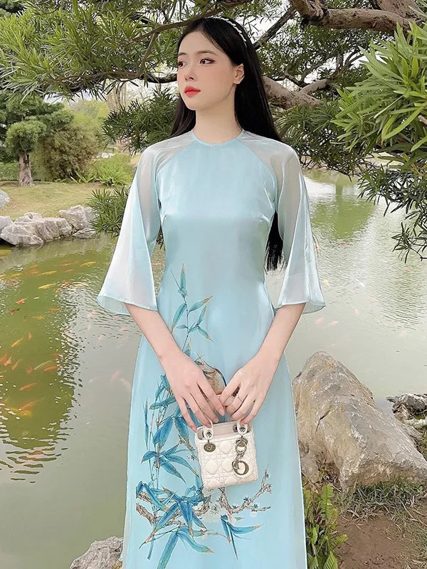 Ao Dai Vietnam Blue Spring Printed Chiffon Include Ao Dai Top And Pants