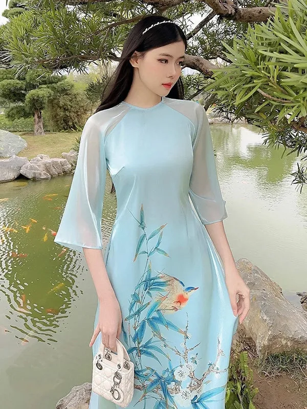 Ao Dai Vietnam Blue Spring Printed Chiffon Include Ao Dai Top And Pants