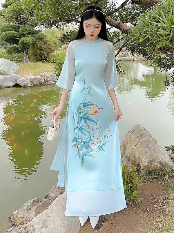 Ao Dai Vietnam Blue Spring Printed Chiffon Include Ao Dai Top And Pants