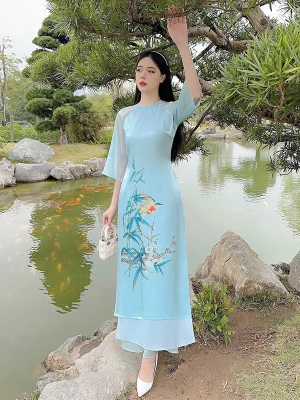 Ao Dai Vietnam Blue Spring Printed Chiffon Include Ao Dai Top And Pants