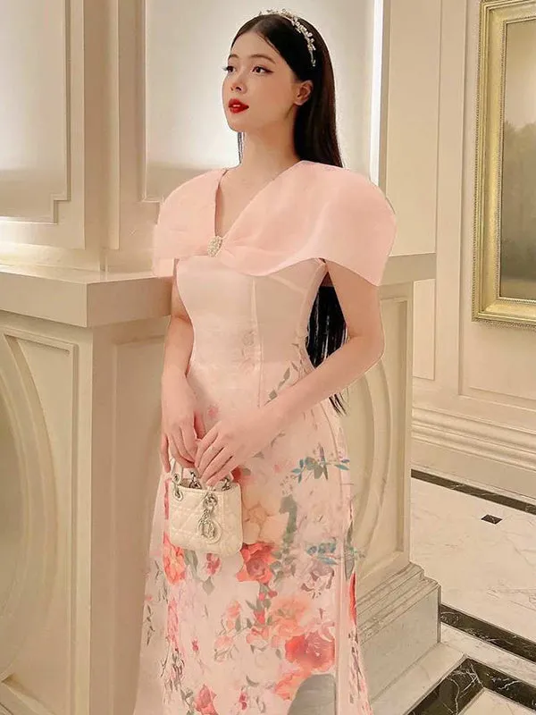 Ao Dai Vietnam Blush Cape Sleeve Includes One Ao Dai Top And Pants