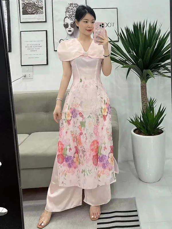 Ao Dai Vietnam Blush Cape Sleeve Includes One Ao Dai Top And Pants