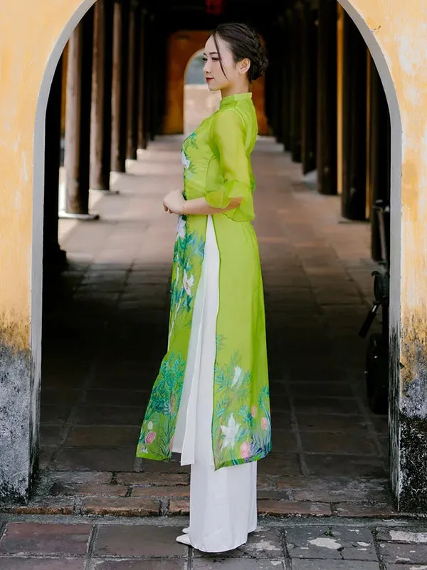 Ao Dai Vietnam Green Bamboo Leaves Includes One Ao Dai Top And Pants