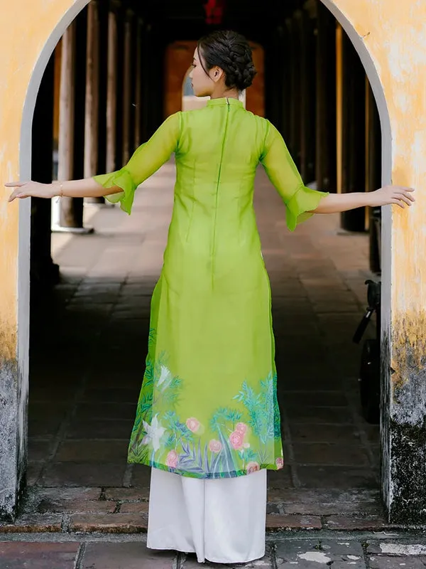 Ao Dai Vietnam Green Bamboo Leaves Includes One Ao Dai Top And Pants