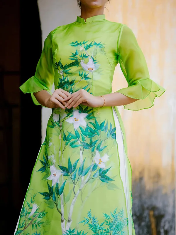 Ao Dai Vietnam Green Bamboo Leaves Includes One Ao Dai Top And Pants