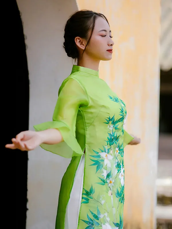 Ao Dai Vietnam Green Bamboo Leaves Includes One Ao Dai Top And Pants