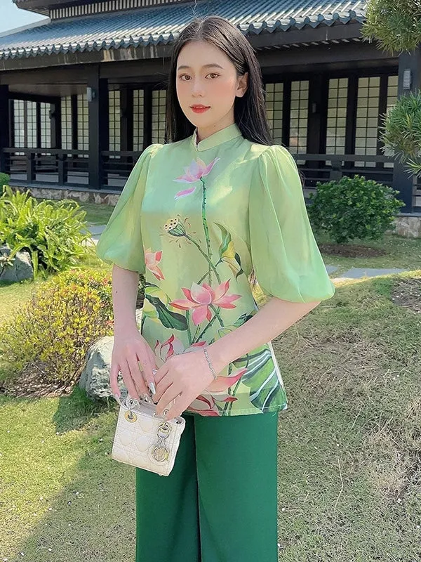 Ao Dai Vietnam Green Lotus Modern Temple Includes One Ao Dai Top And Pants