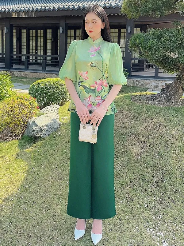 Ao Dai Vietnam Green Lotus Modern Temple Includes One Ao Dai Top And Pants