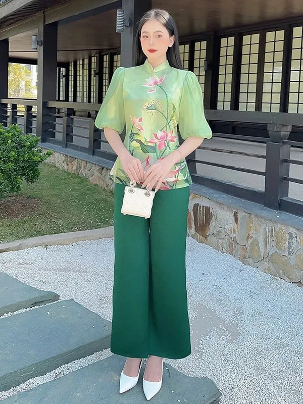 Ao Dai Vietnam Green Lotus Modern Temple Includes One Ao Dai Top And Pants