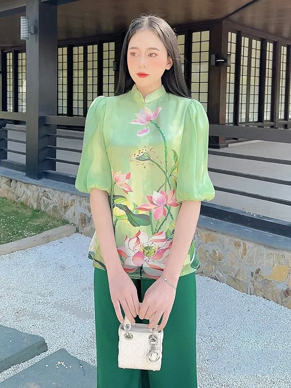 Ao Dai Vietnam Green Lotus Modern Temple Includes One Ao Dai Top And Pants