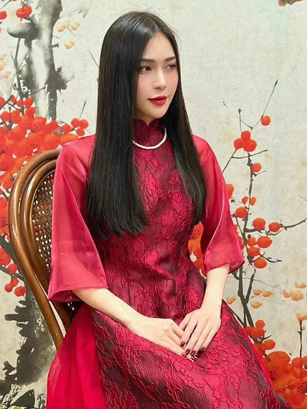 Ao Dai Vietnam Lace Red Ao Dai Includes One Ao Dai Top With Skirt