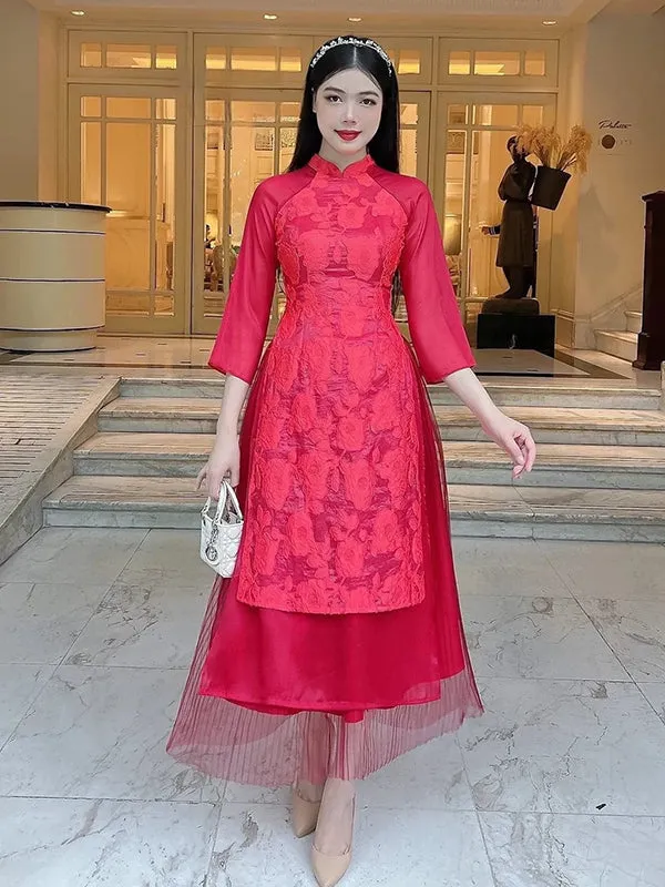 Ao Dai Vietnam Lace Red Ao Dai Includes One Ao Dai Top With Skirt