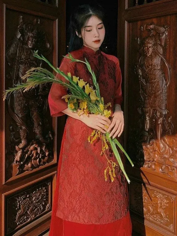 Ao Dai Vietnam Lace Red Ao Dai Includes One Ao Dai Top With Skirt