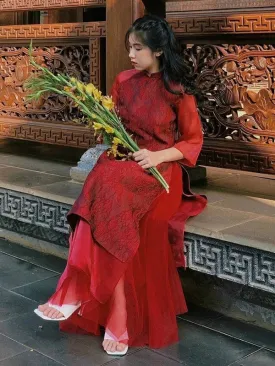 Ao Dai Vietnam Lace Red Ao Dai Includes One Ao Dai Top With Skirt