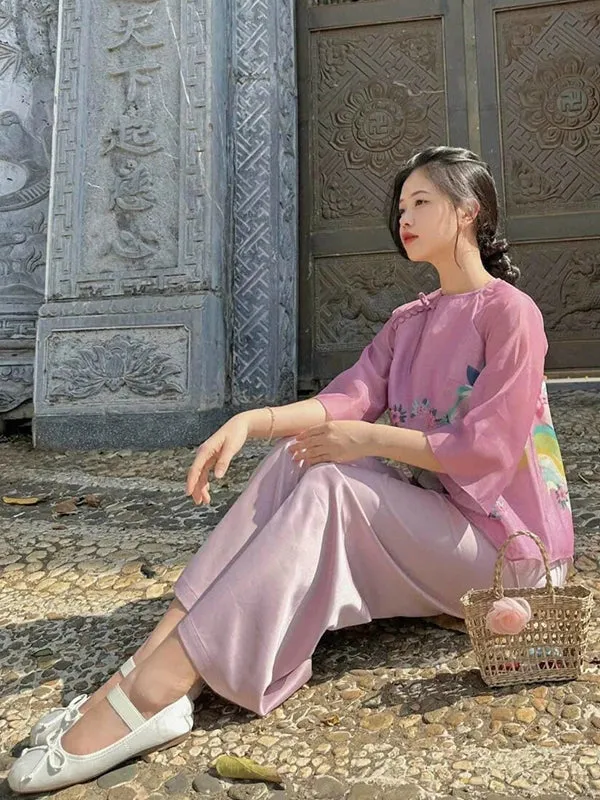 Ao Dai Vietnam Lavender Button Modern Temple Includes One Ao Dai Top And Pants