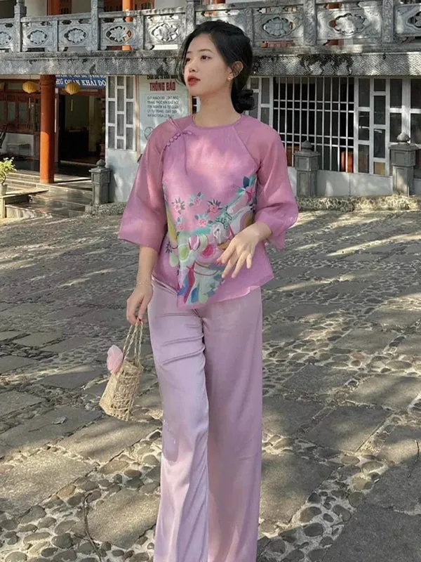 Ao Dai Vietnam Lavender Button Modern Temple Includes One Ao Dai Top And Pants