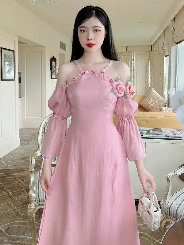 Ao Dai Vietnam Pink Off Shoulder 3D Roses Include Ao Dai Top And Pants