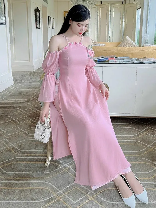 Ao Dai Vietnam Pink Off Shoulder 3D Roses Include Ao Dai Top And Pants