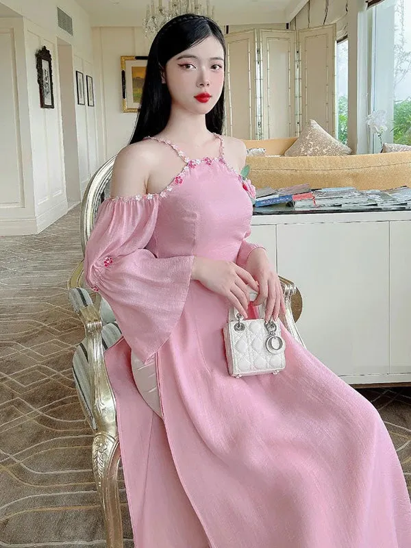 Ao Dai Vietnam Pink Off Shoulder 3D Roses Include Ao Dai Top And Pants